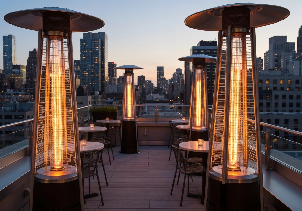 Warm NYC rooftop patio at dusk with glowing heaters, small tables, and a city skyline backdrop.