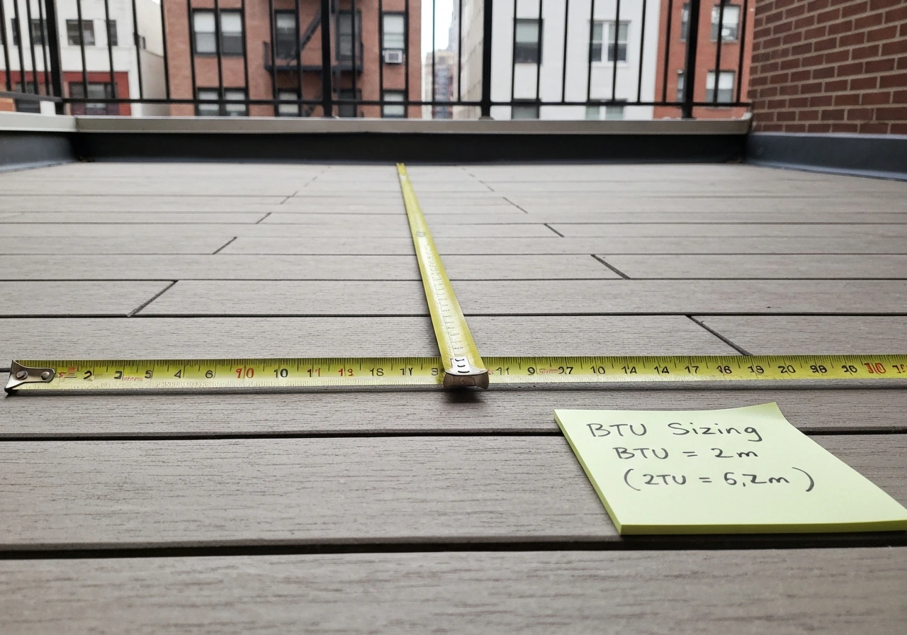 Tape measure laid along a small NYC patio with a handwritten BTU sizing note on a nearby paper.