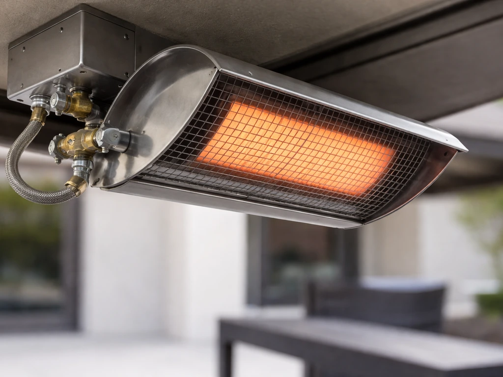 Close-up of a gas-fired infrared radiant heater mounted over an outdoor patio seating area.
