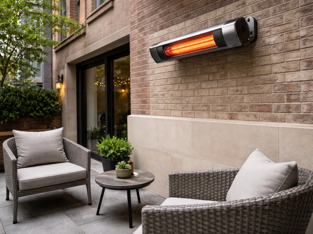 Side view of an outdoor patio heater installed on a NYC patio with safe clearance from seating and walls.