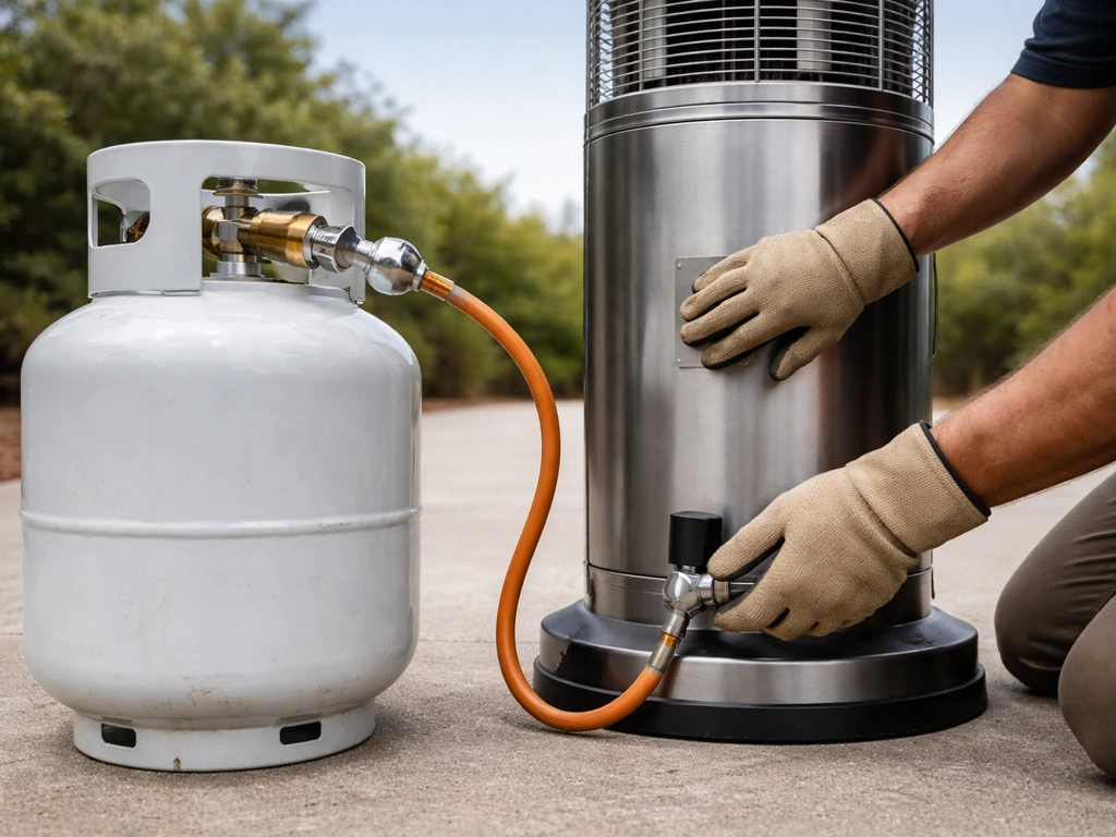 Technician kneels outdoors inspecting propane heater regulator and upright tank placement safely