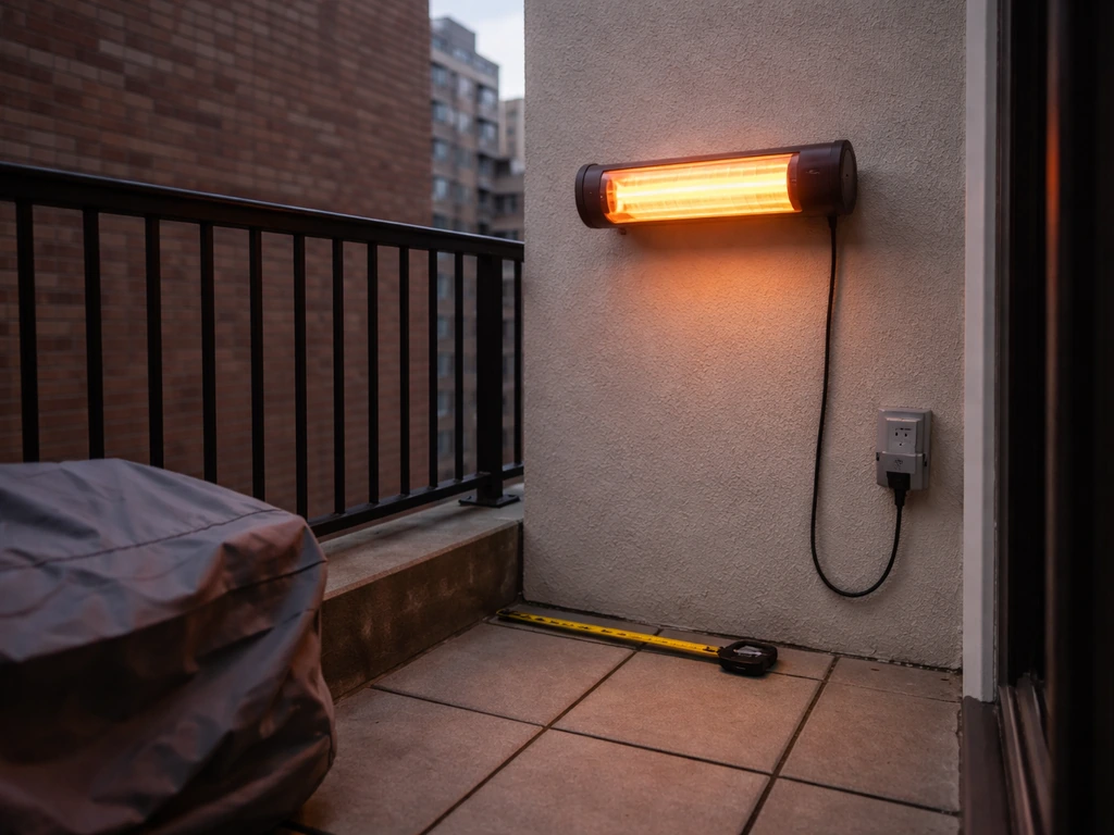 Small apartment balcony with a compact wall-mounted electric infrared heater beside a patio-safe size cue.