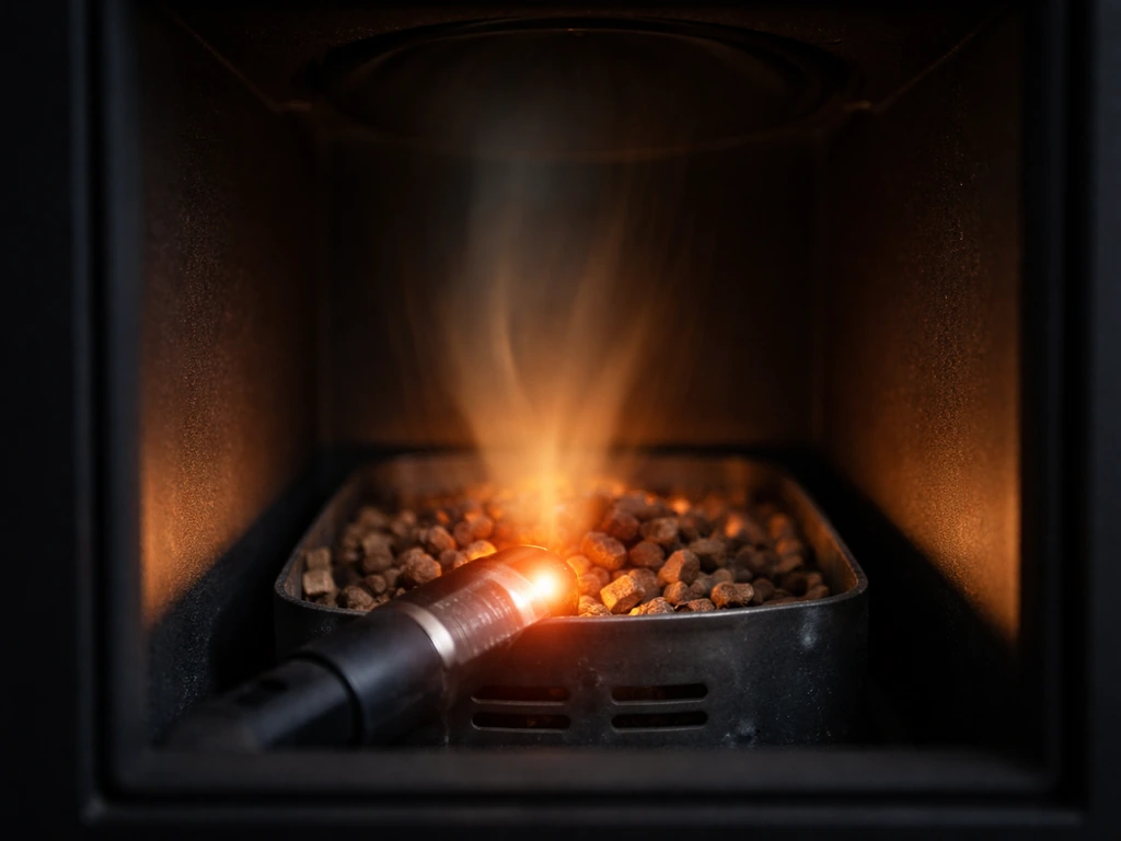 Electric igniter heating pellets in a pellet stove burn pot with airflow from the fan