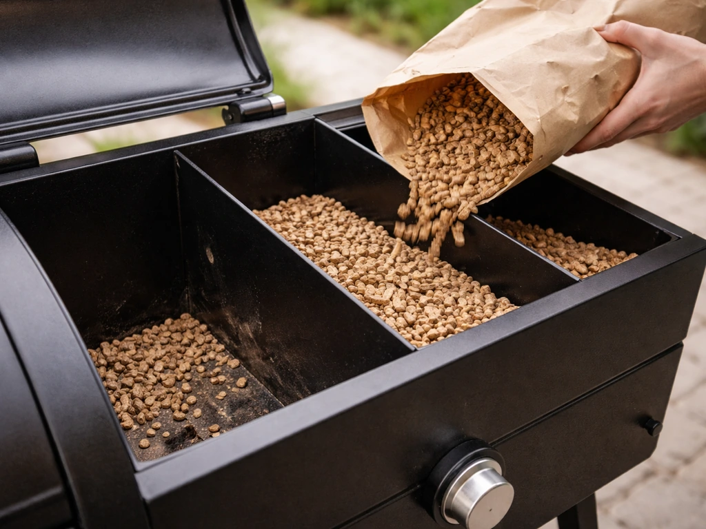 Pellet hopper with low and high fill levels, plus a person bagging pellets for refill.