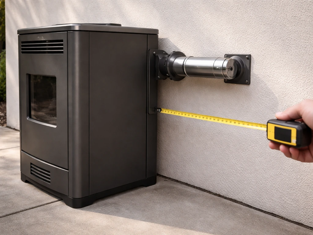 Outdoor pellet heater with vent pipe routed outward and tape measuring a small clearance gap.