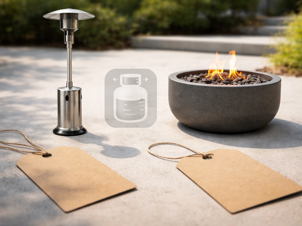 Close-up of a retail price tag beside a propane patio heater and a propane fire pit with a small fuel-measure graphic.
