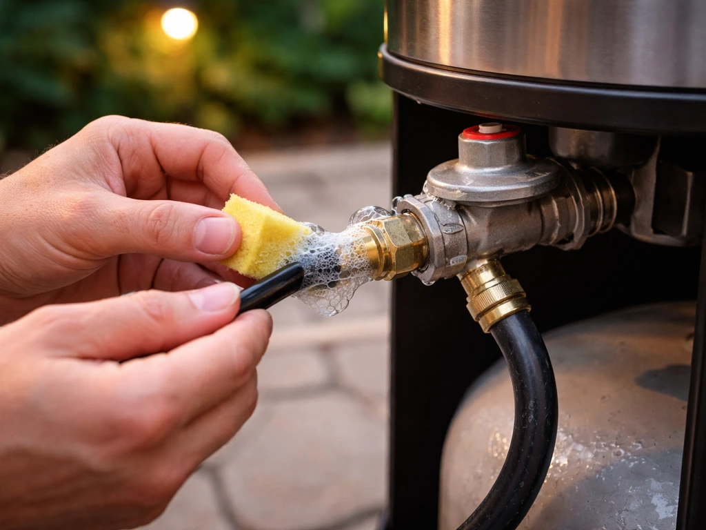 Hands performing a soap-bubble leak test on a propane hose/regulator connection near a patio heater outdoors