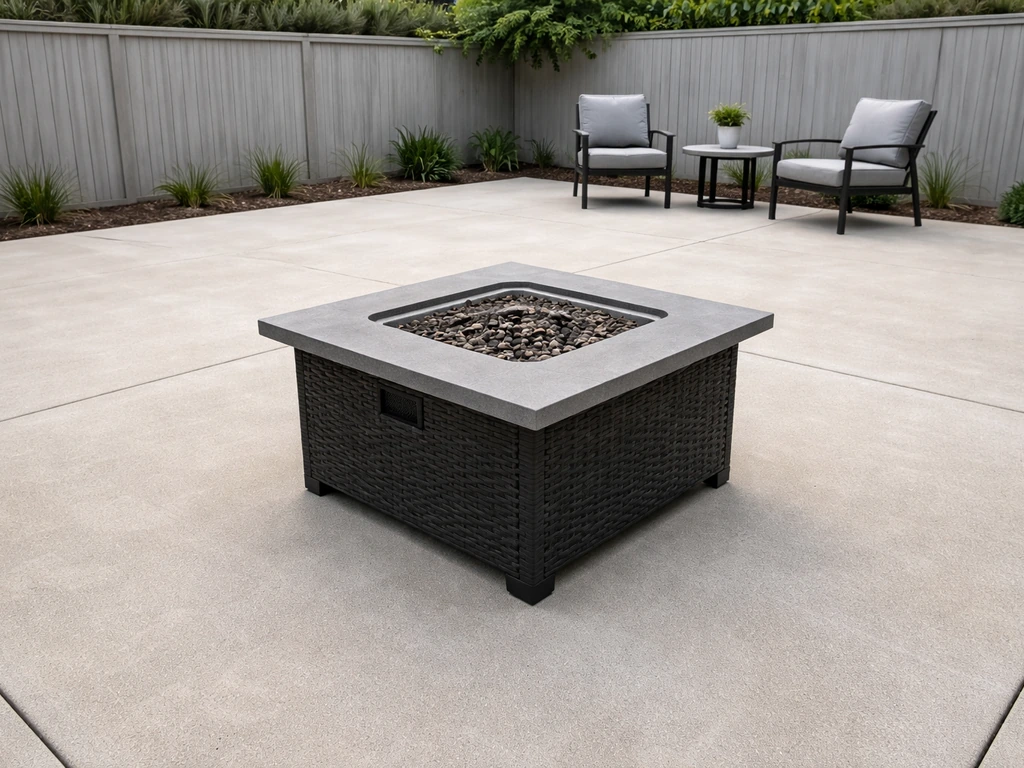 Propane fire pit on a patio with surrounding patio furniture placed in a safe clearance zone