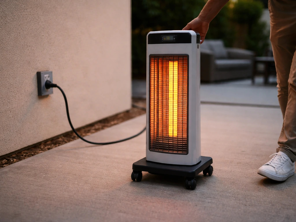 Light electric space heater being moved on wheels across a patio with a visible power cord
