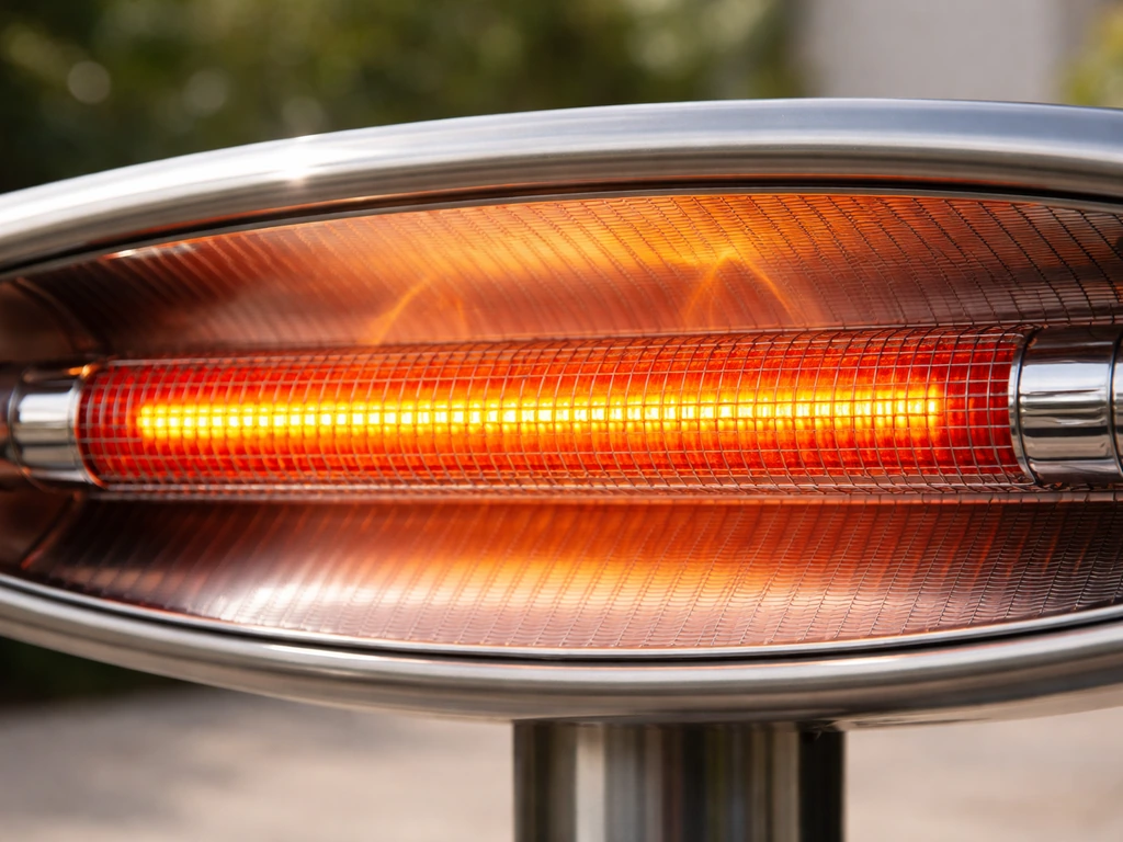 Close-up of an electric infrared patio heater element and curved metal reflector assembly.
