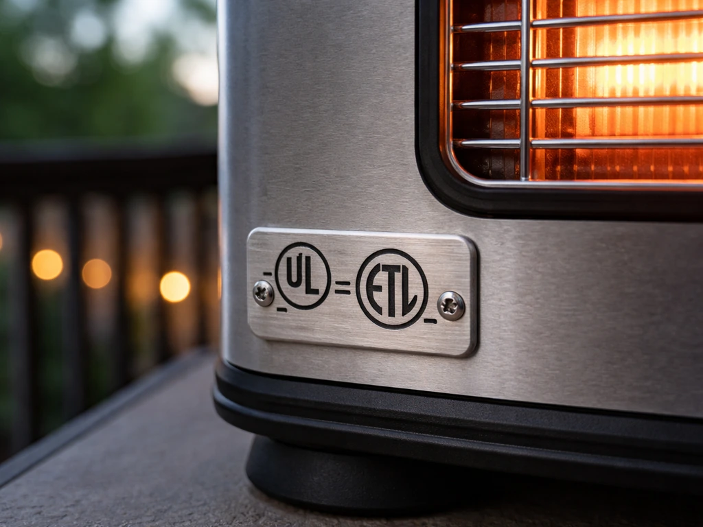 Close-up of an outdoor patio heater nameplate showing generic UL and ETL listing marks.