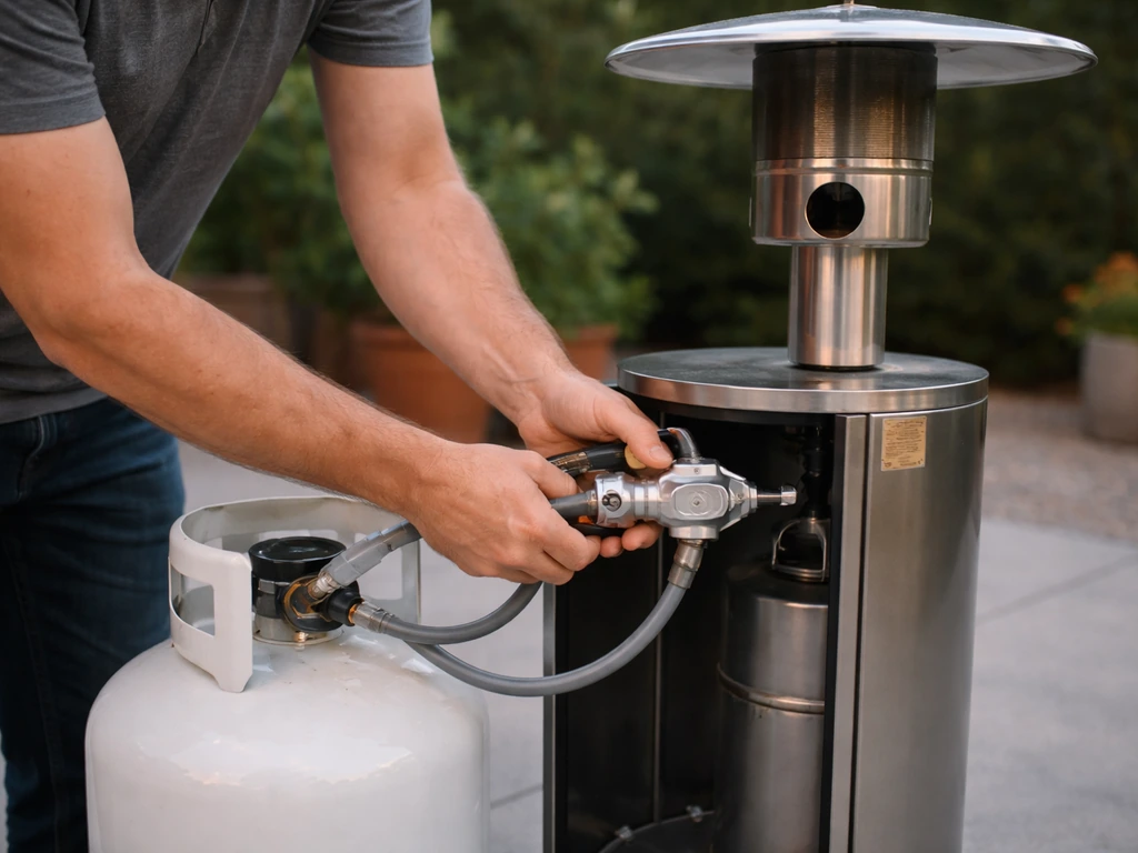 Anonymous hands connect a propane tank to a portable patio heater outdoors, regulator and hose visible, no flame.
