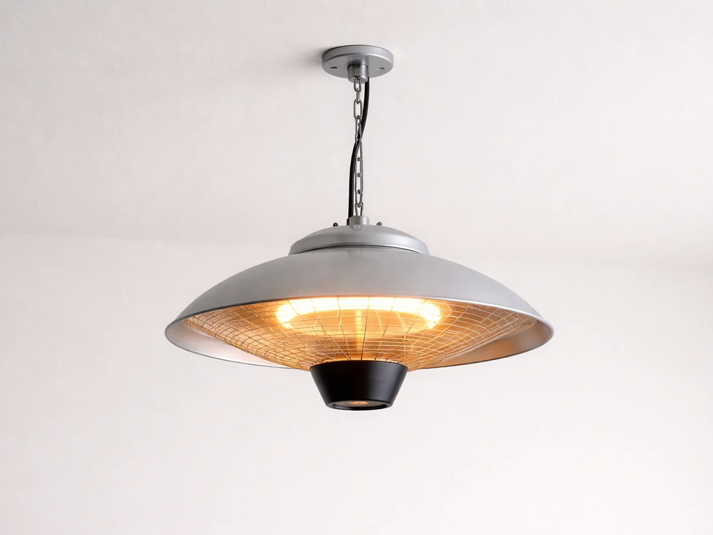 Overhead infrared patio heater suspended from a ceiling, showing mount, pendant body, and reflector.