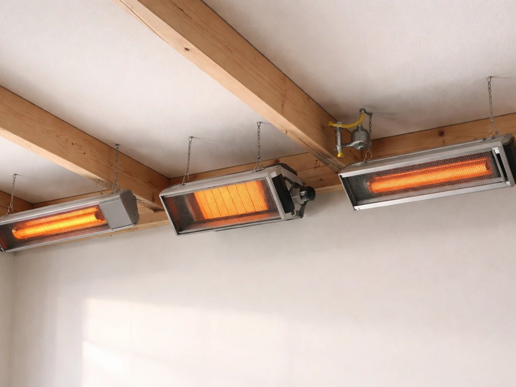 Side-by-side overhead electric infrared, propane radiant, and natural gas burner heater fixtures in a clean ceiling area