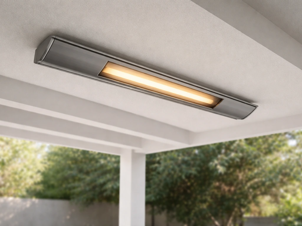 Slim overhead patio electric heater centered under a modern patio ceiling in natural light.