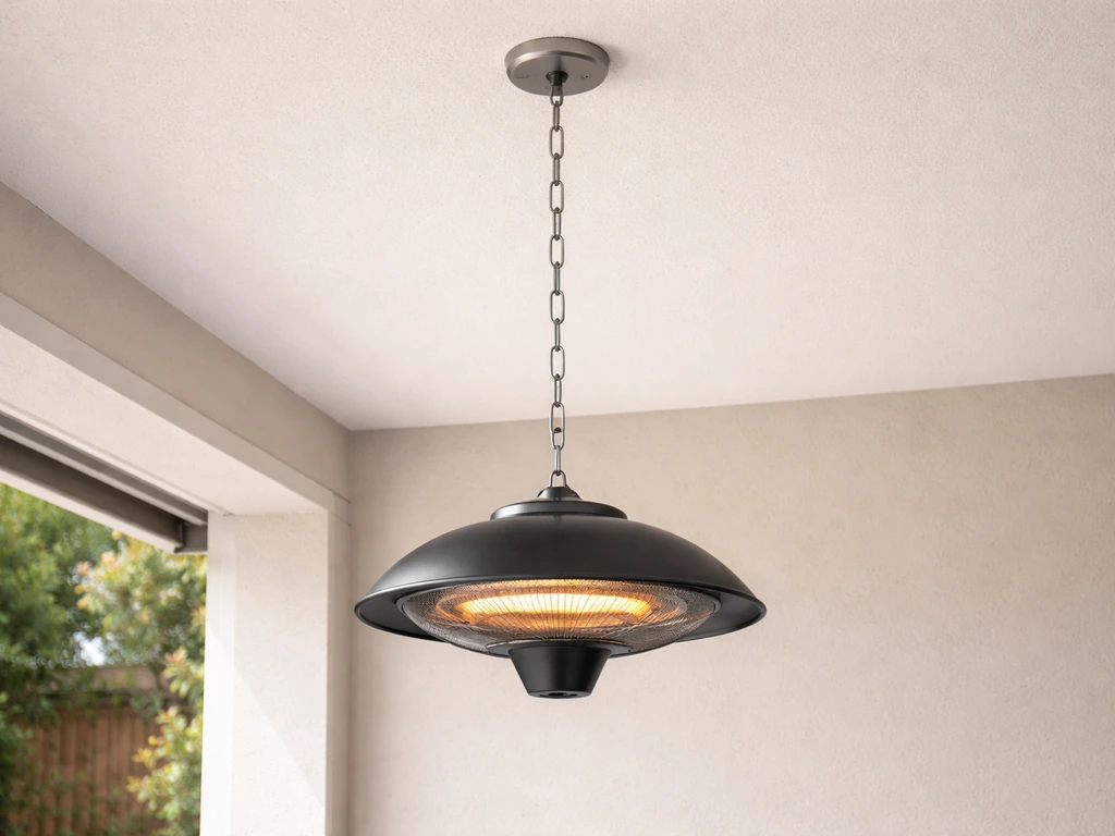 Pendant heater hanging from ceiling chain with canopy mounted above, correctly suspended height.