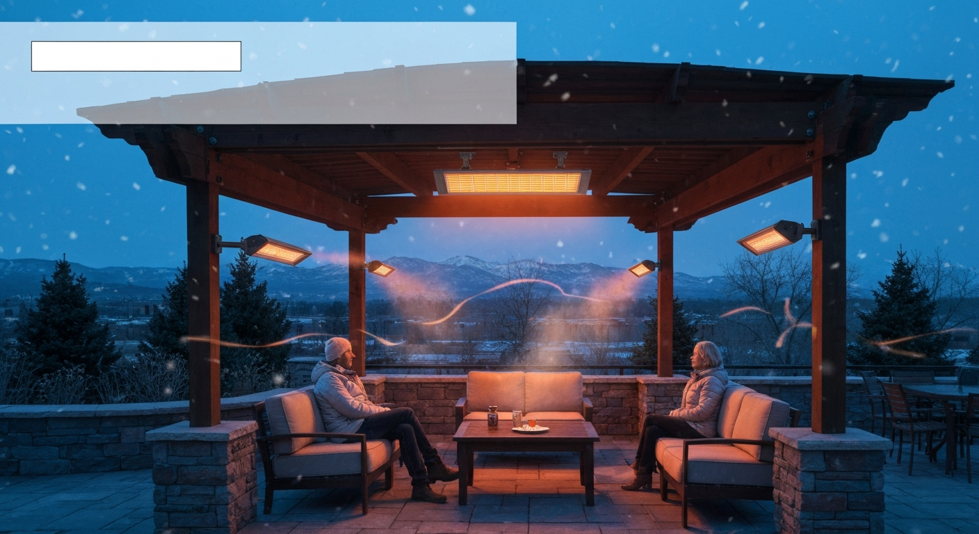 Cozy Denver patio at dusk with electric and gas infrared heaters glowing, light snow and mountain silhouette in background, people seated and warmed under a covered pergola.
