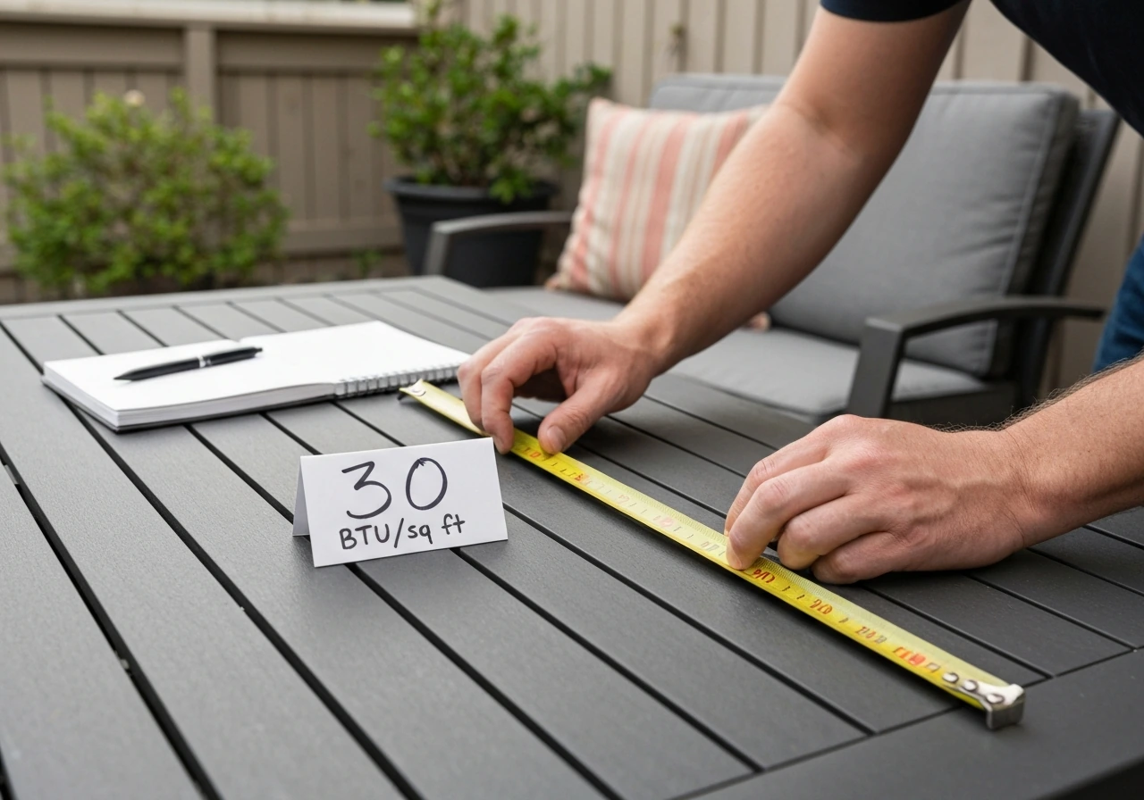 Hands measuring patio space with a tape measure and a small 30 BTU/sq ft reference card on a patio table.