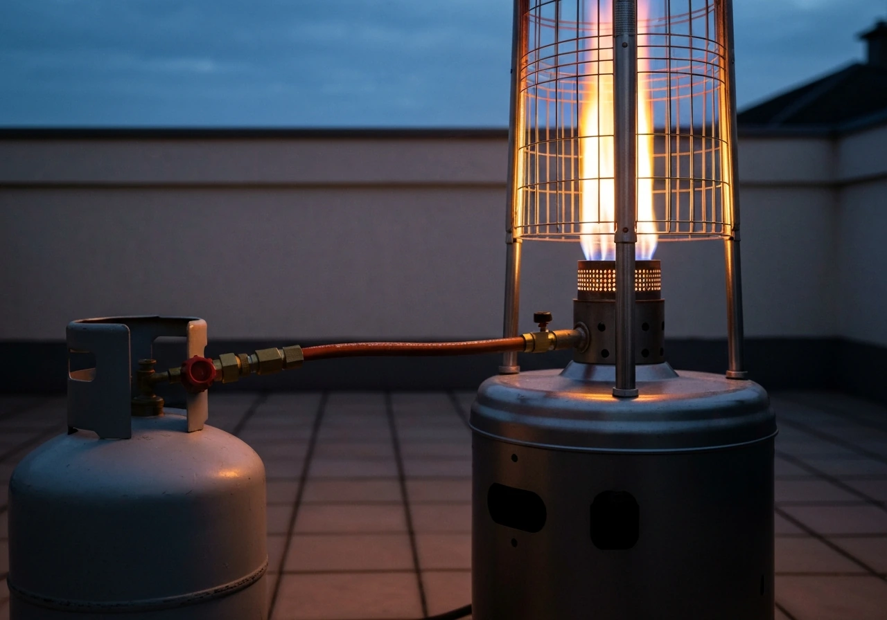 Propane patio heater running outdoors with hose connected to a propane cylinder and visible flame/heat.