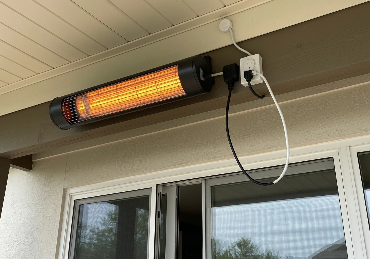 Electric patio heater mounted on an outdoor ceiling with weatherproof outlet and power cord plugged in.