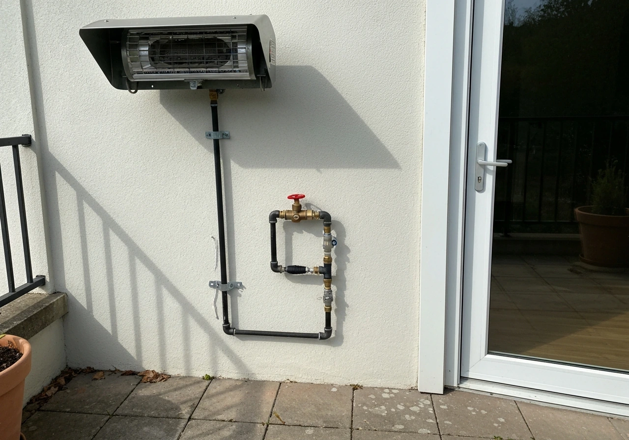 Natural gas patio heater mounted on a patio wall with visible gas line valve connection.