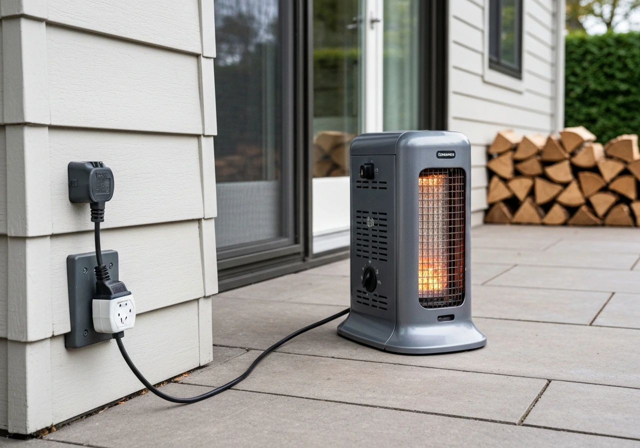 Outdoor heater with clear space from combustibles and a weatherproof GFCI outlet connection visible