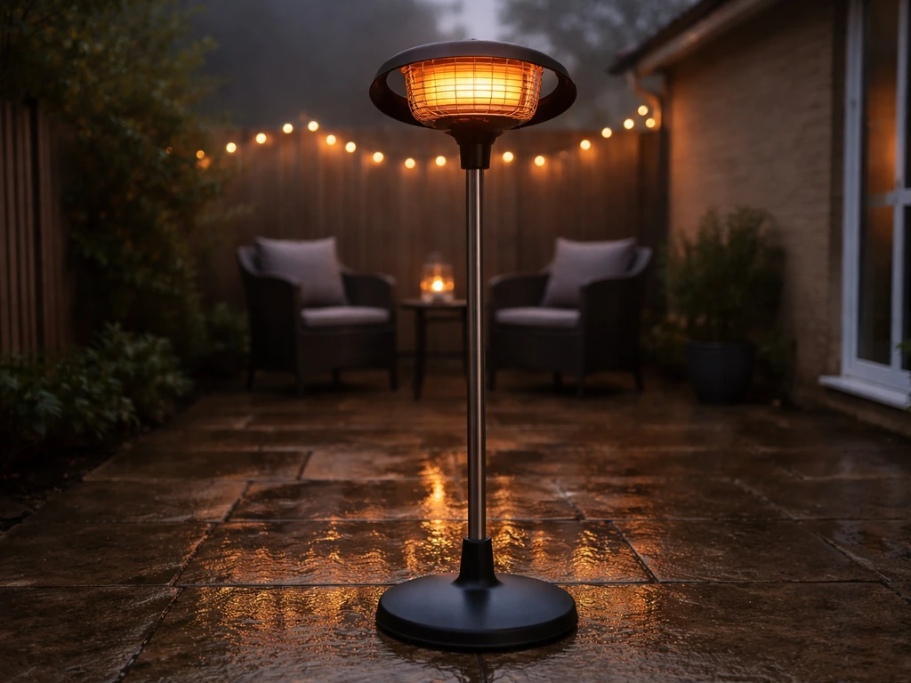 Freestanding electric patio heater glowing on a UK patio at dusk, warming outdoor seating in the background.