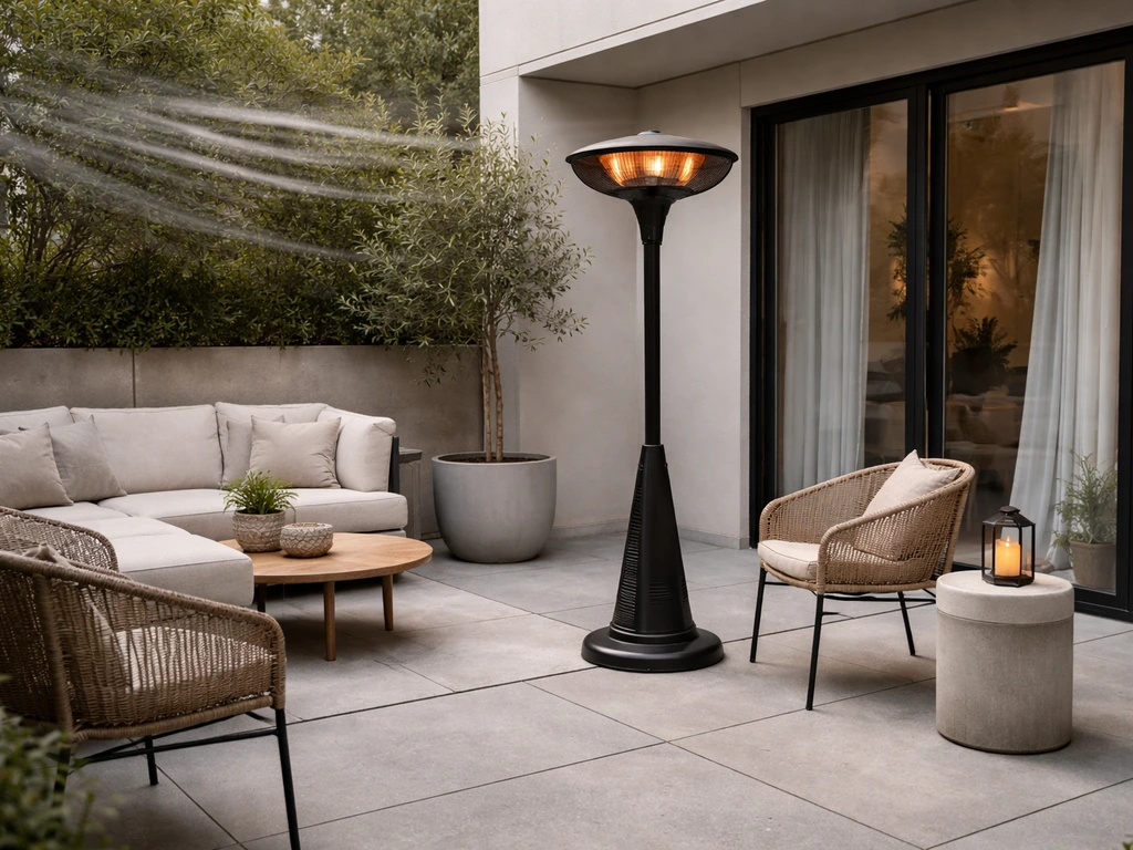 Small patio seating area with an electric freestanding heater beside windows, shown with simple wind direction cues