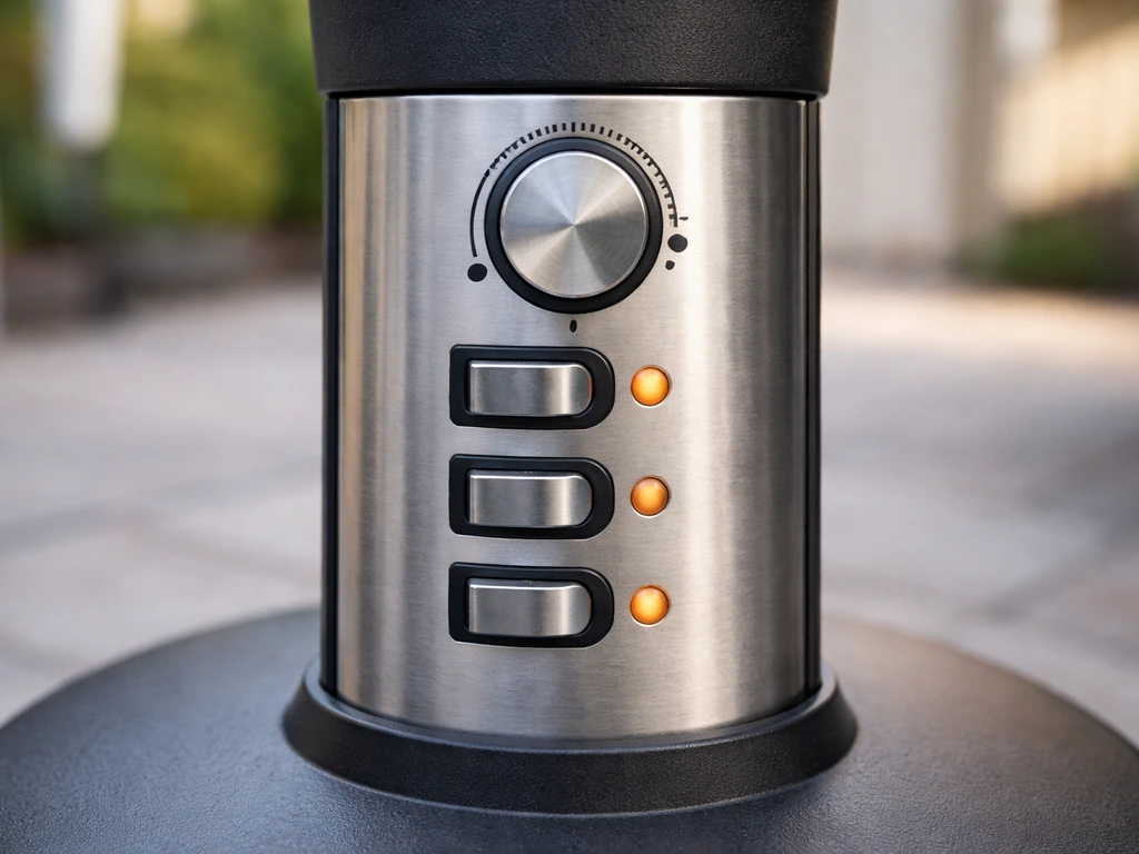 Close-up of an electric patio heater control panel with adjustable power dials and thermostat
