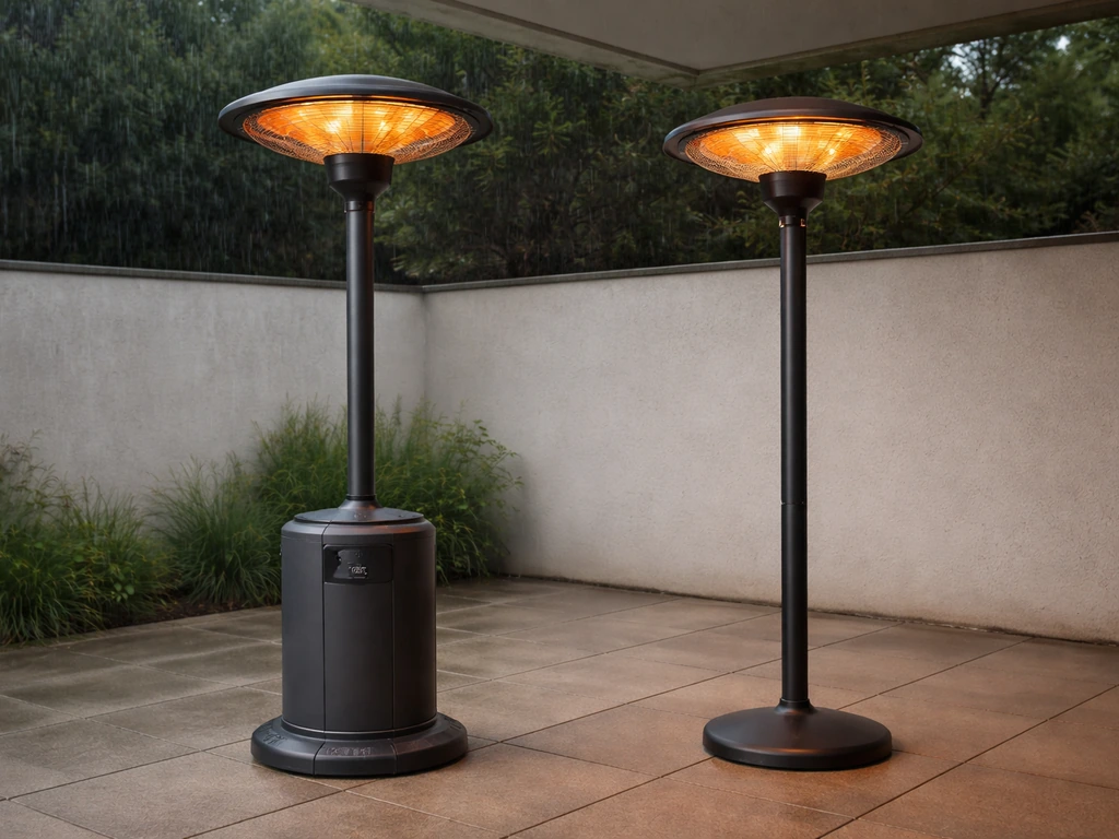 Two freestanding electric patio heaters on an outdoor patio, with light mist suggesting weatherproofing.