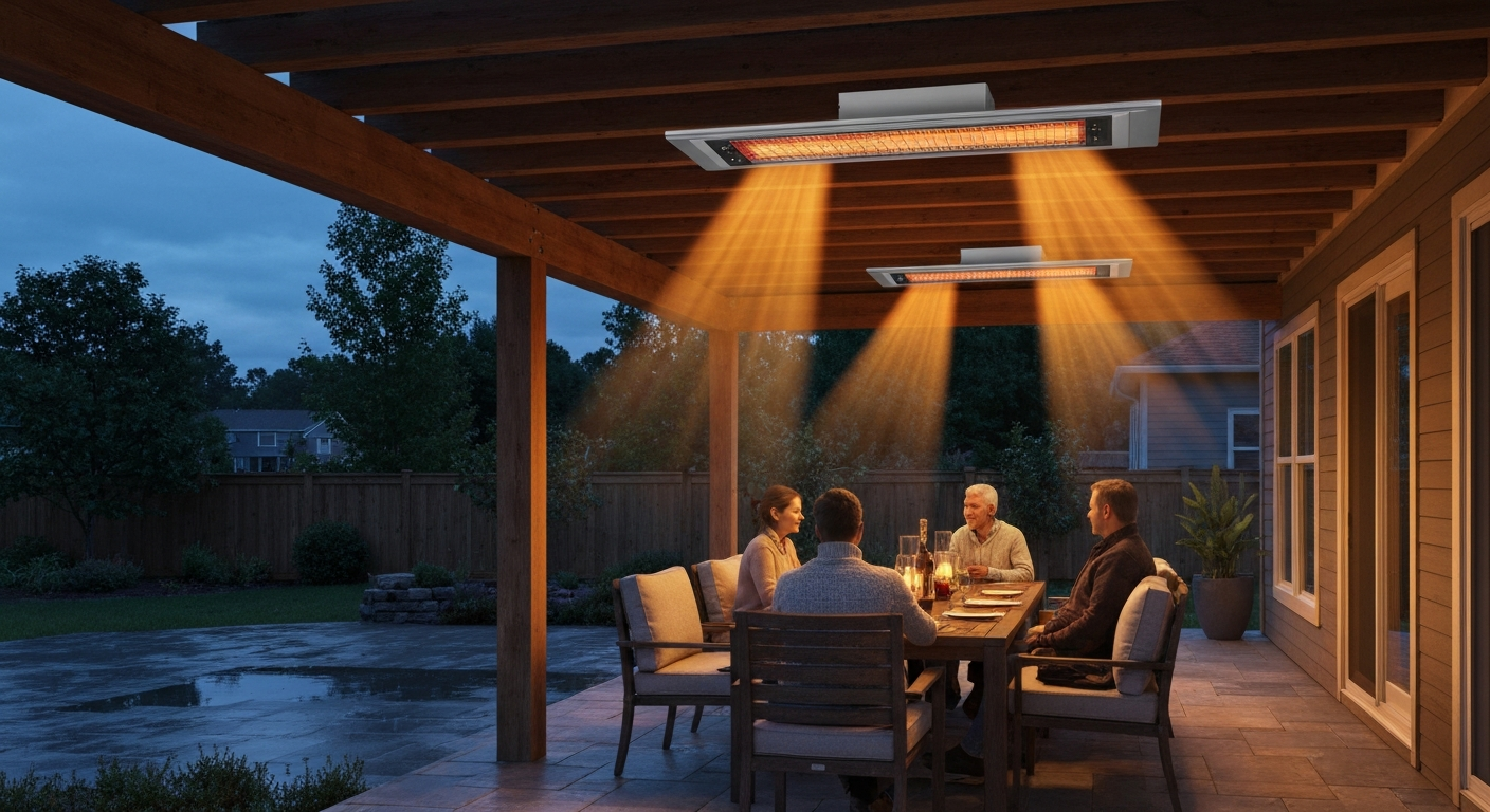 Covered backyard patio at dusk with ceiling-mounted electric infrared heaters casting warm light over a dining table; people seated, no visible flames or fuel tanks.