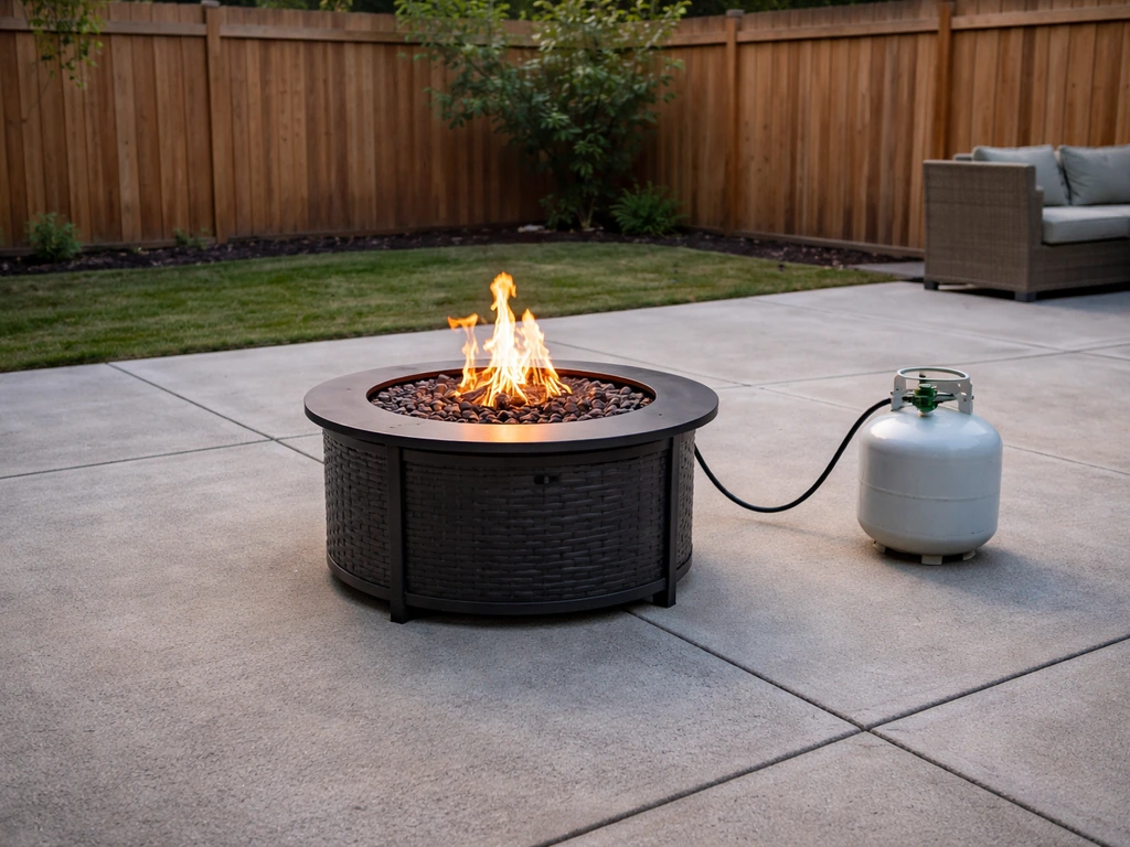 Propane fire pit on a patio with a clear 3+ foot buffer from nearby combustible surfaces.