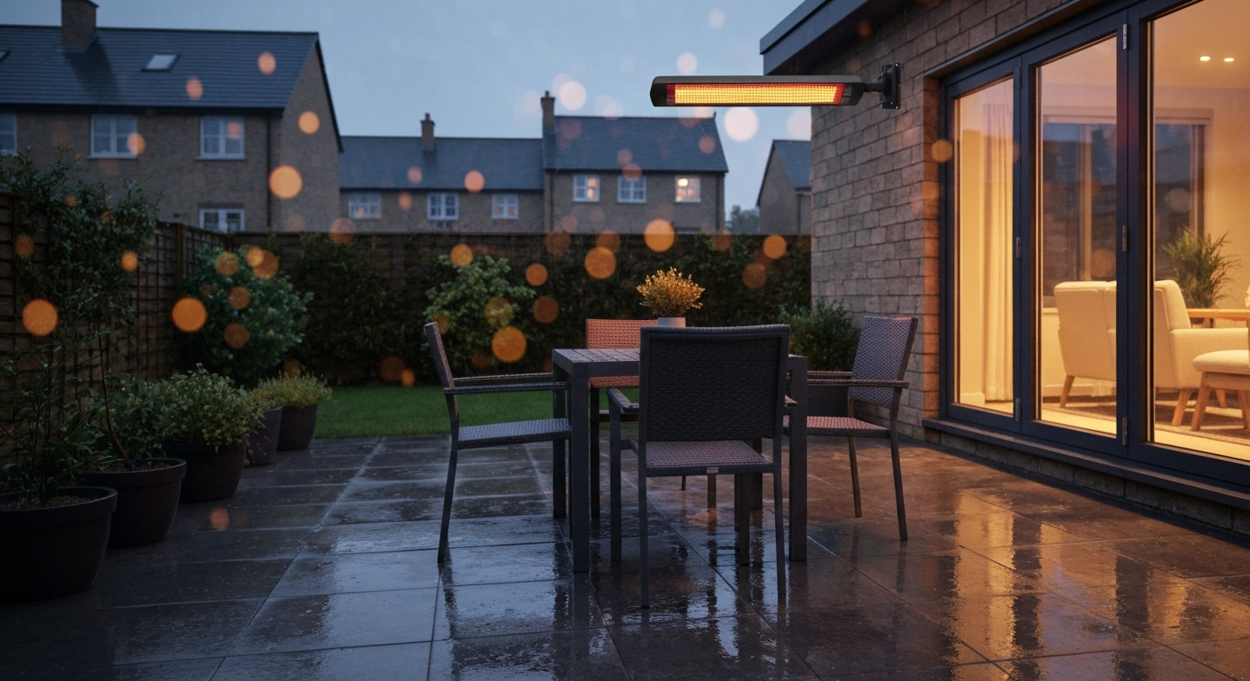 Dusk UK patio with wall-mounted electric infrared heater casting warm light over a dining table; wet paving reflects the glow.