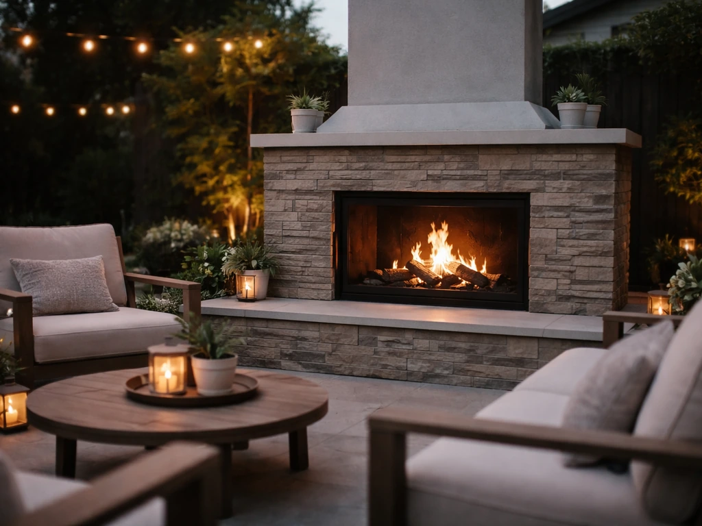 Modern patio at dusk with an outdoor fireplace burning and warm seating lighting, no people in focus.