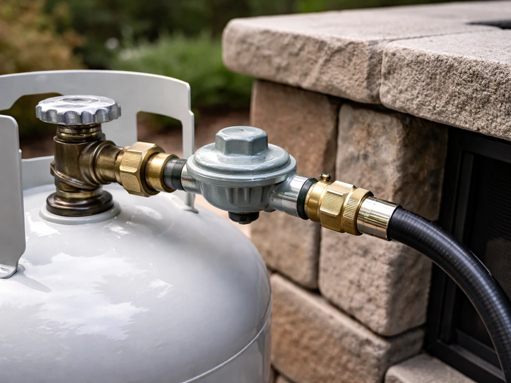 Close-up of an outdoor propane tank valve with hose and regulator connected to a propane fireplace.