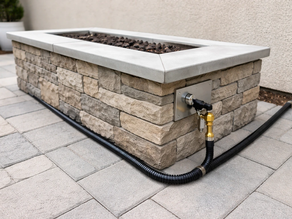 Natural gas outdoor fireplace on a patio with a visible gas pipe connection running to the unit