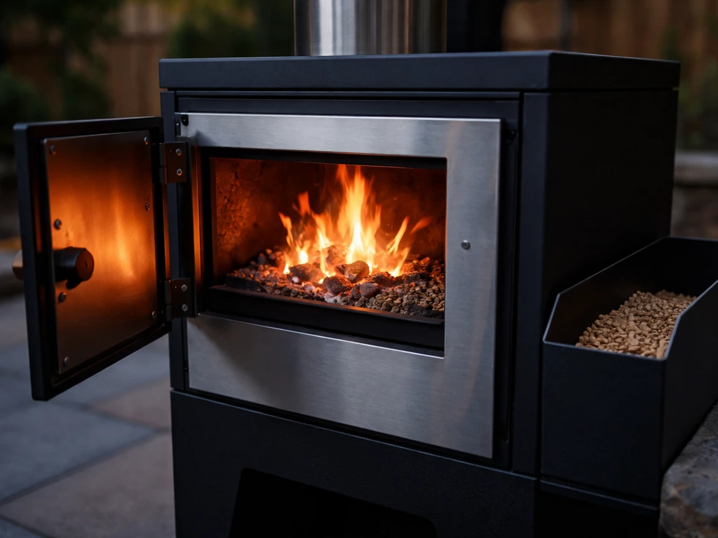 Pellet outdoor fireplace with open insert showing glowing firebox and a few pellets burning