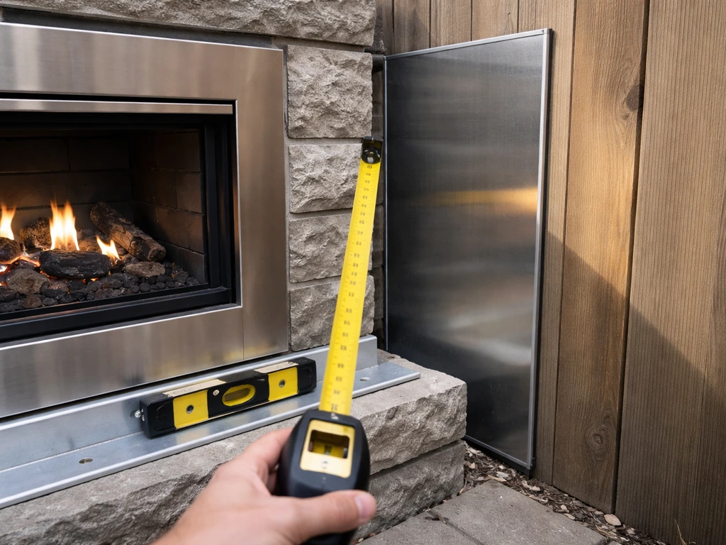 Measuring tape and level beside an outdoor gas fireplace showing clearance space and heat shielding.