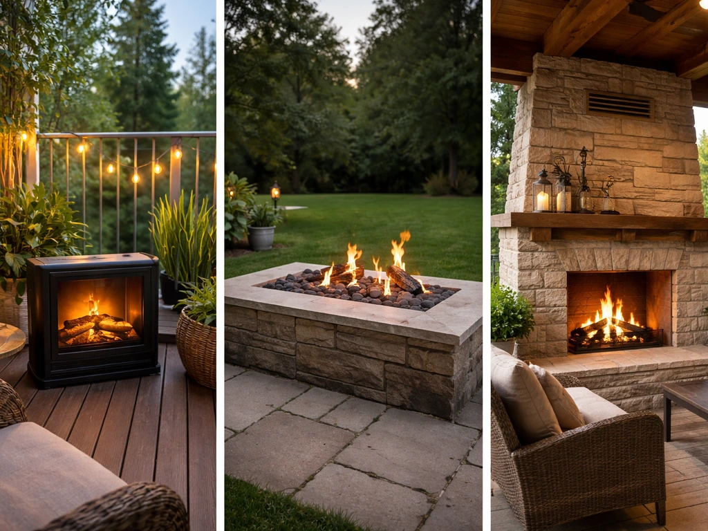 Collage of three patio fireplace setups: compact electric on a balcony, gas in an open yard, and a covered patio unit.