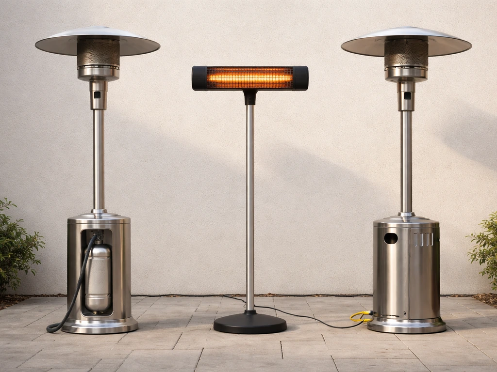 Three patio heater types side-by-side: propane mushroom, electric radiant, and natural-gas style with visible connection