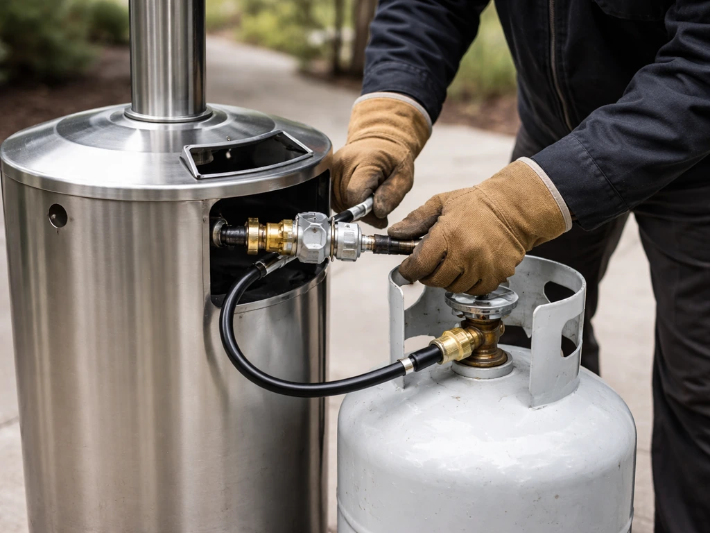 Technician attaches a propane tank to a rental mushroom heater with the regulator visible in daylight