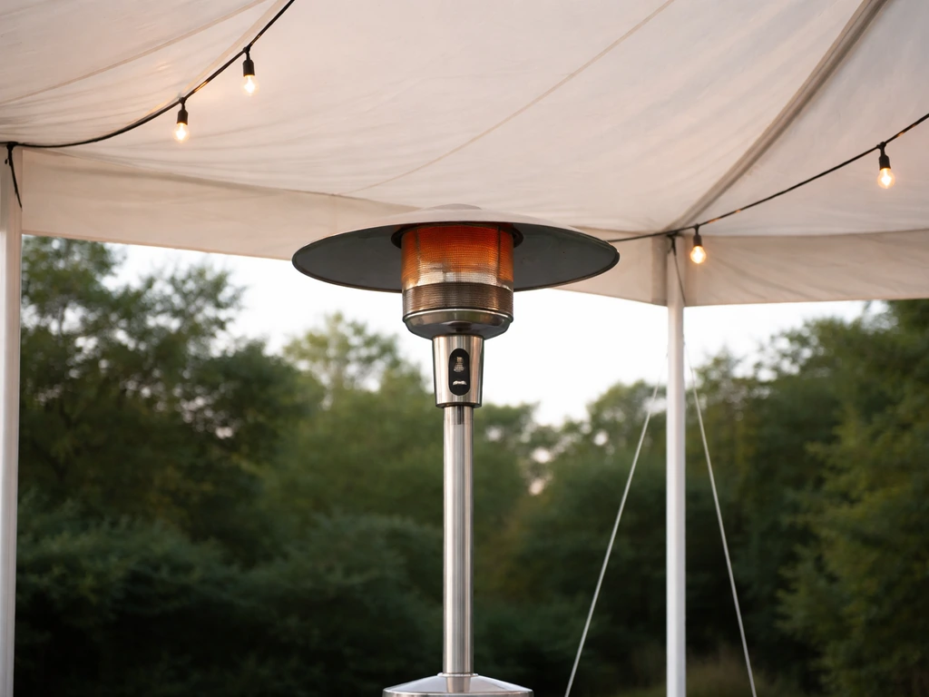 Outdoor propane heater placed under a tent with clear space from overhead fabric.