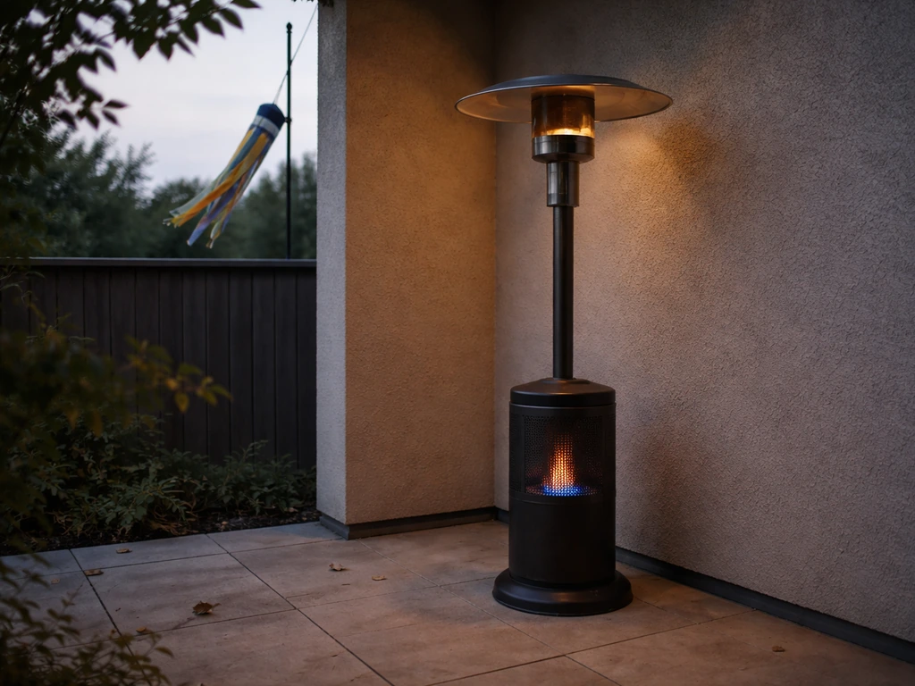 Outdoor patio mushroom heater with a wind sock showing breeze, heater kept away from gusts.