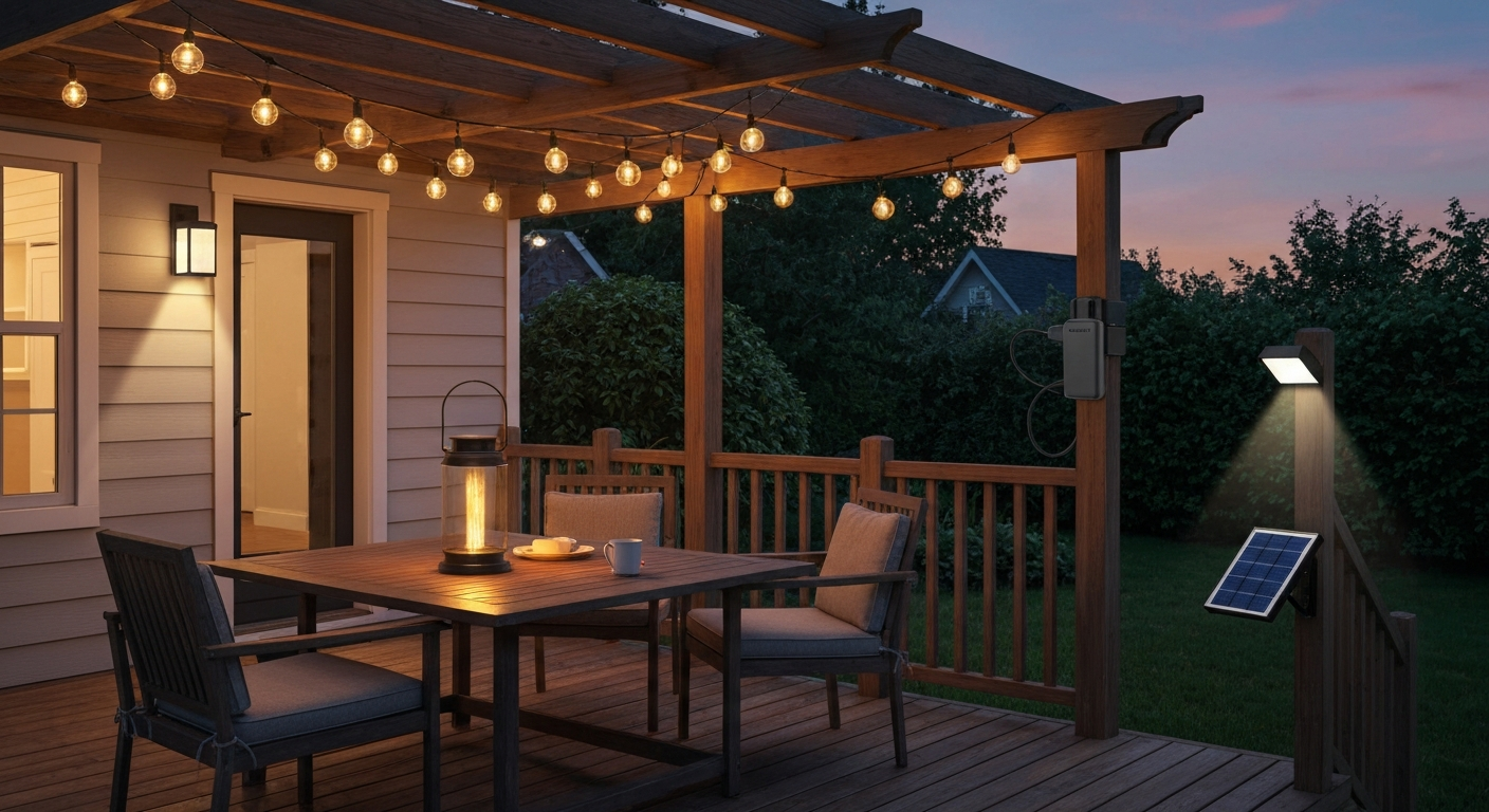 Dusk patio with rechargeable string lights over a deck, a lantern on the table, and a wall-mounted battery floodlight; no people.