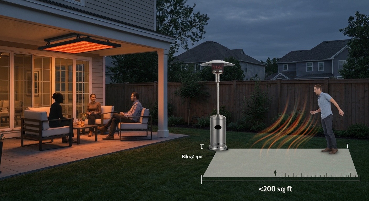 Dusk open patio with ceiling-mounted infrared panel warming seated people, a freestanding propane mushroom heater at the side, and a semi-transparent overlay indicating ~200 sq ft.