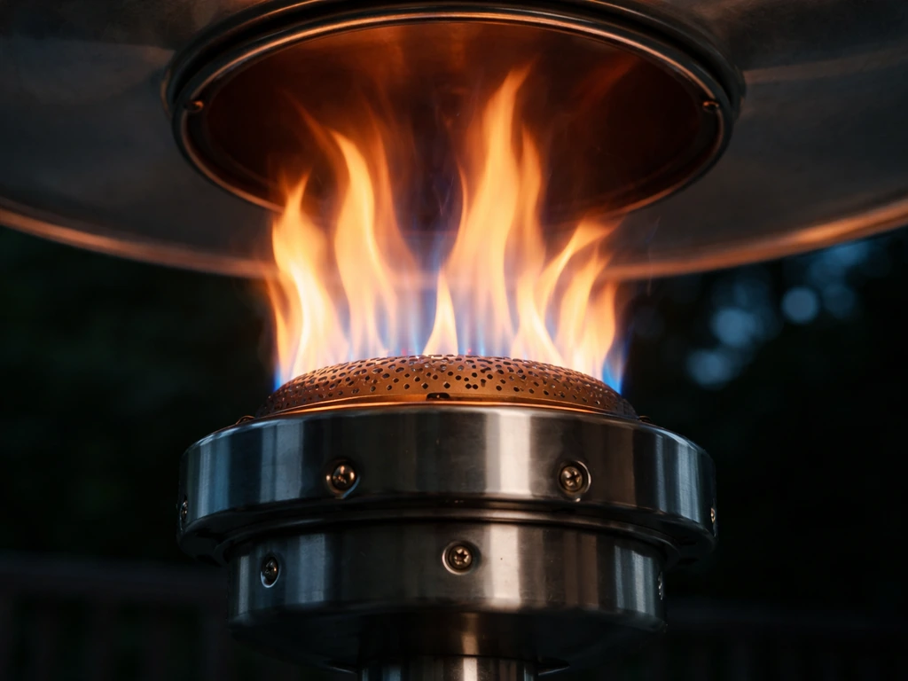 Close-up of a propane patio heater burner head with visible flame radiating upward and outward