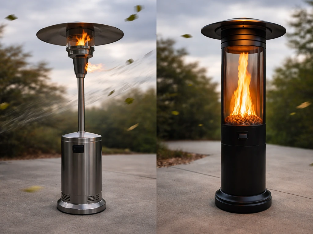 Windy outdoor test shows a propane heater flame bending versus a steadier pellet heater flame.