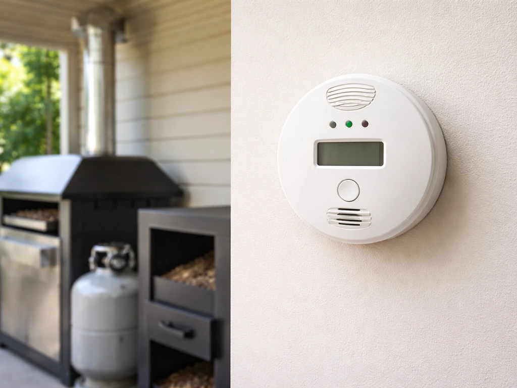 Carbon monoxide detector mounted near an outdoor heater with clear surrounding space and ventilation.