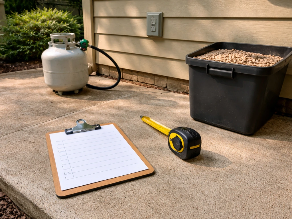 Photo of a patio checklist on clipboard with measuring tape, 120V outdoor outlet, and propane tank vs pellet hopper item