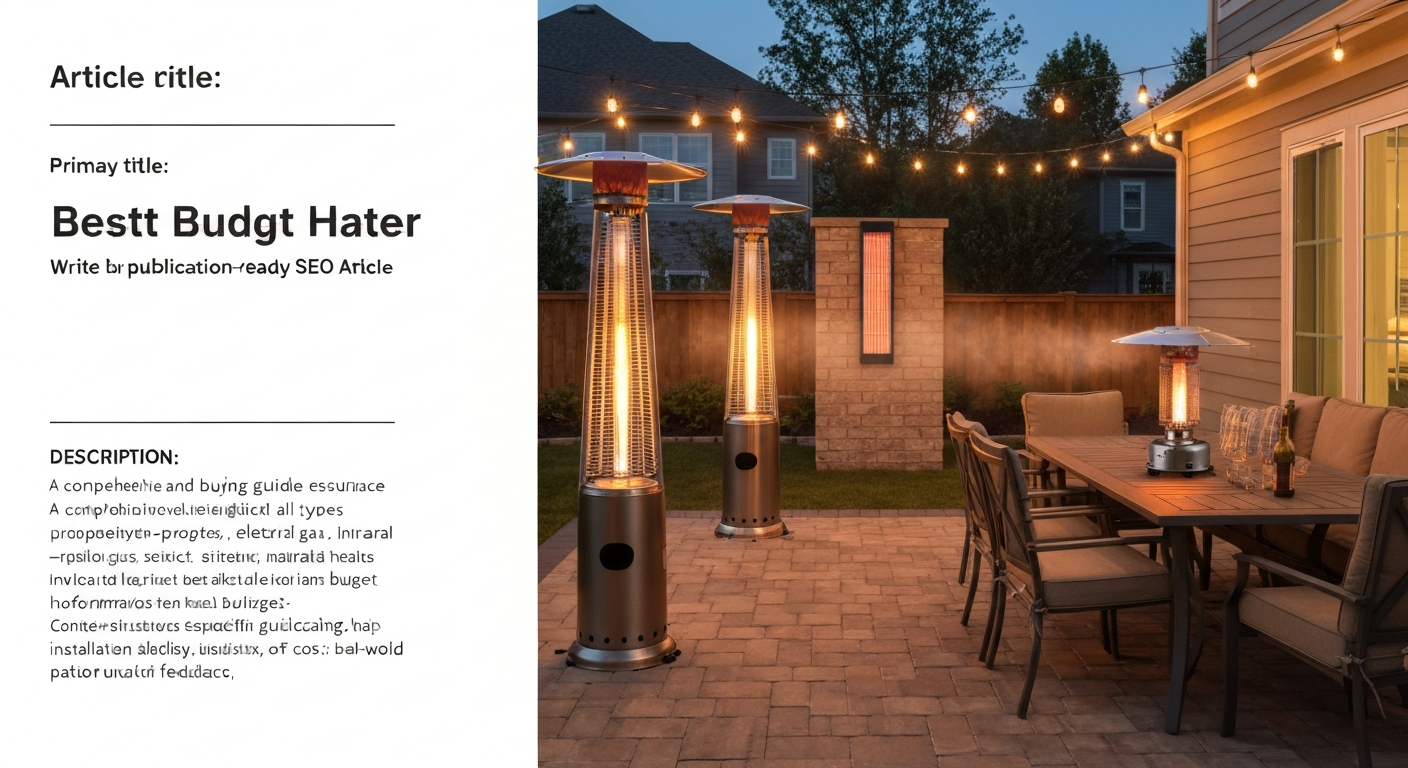 Evening backyard patio with three budget heaters — a freestanding propane tower, a wall-mounted infrared panel, and a tabletop propane heater — warming people under string lights.